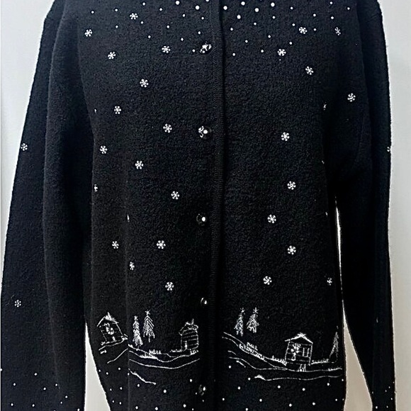 Vtg 90s Black Embroidered Cardigan Sweater, 100% Wool, Beaded, Christmas, Sz M - Picture 2 of 10